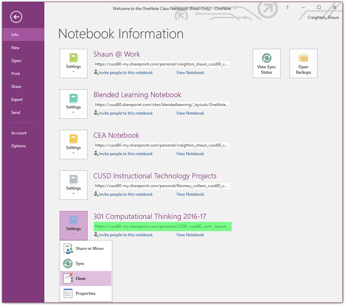 OneNote 2016 notebook information screen 